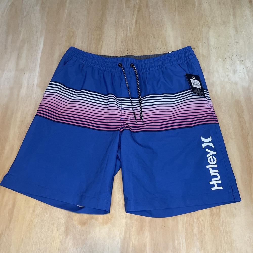 Hurley Mens Lobos Volley Swim Shorts XL Deep Aqua Blue Striped Board Shorts NEW